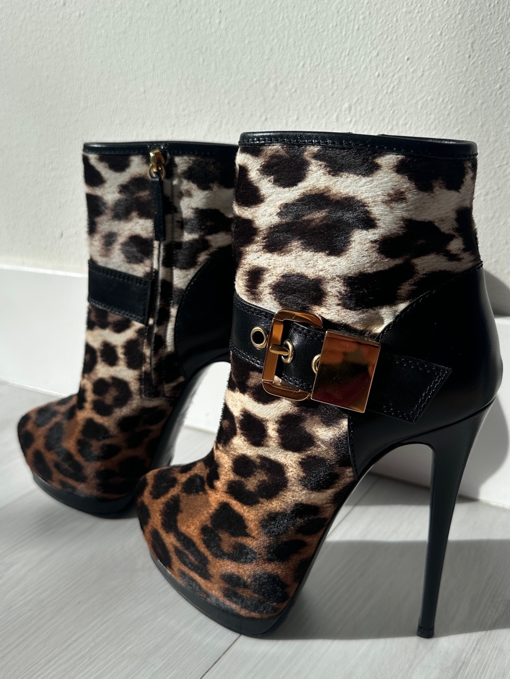 Giuseppe Zanotti Leopard Print Platform Ankle Boots with Gold Buckle